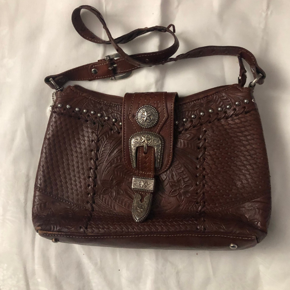 American West Brown Tooled Leather Handbag Purse